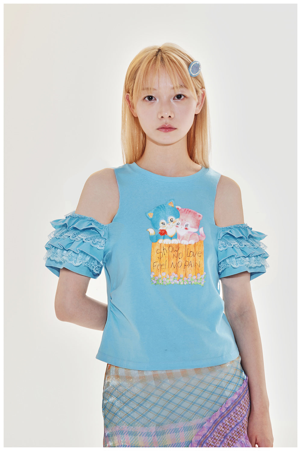 Tntntutu Blue Cat Off-Shoulder T-shirt with Lace Ruffles Oversized Loose Fit