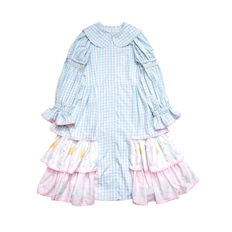 Meugler Angel Orchid Print Lolita Court Dress – Blue Plaid dress Meugler
