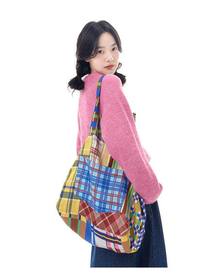 tntntutu Colorful Plaid Canvas Drawstring Shoulder Bag