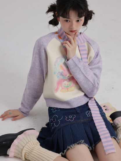 Harajuku-style cute illustration print color-block sweater with matching scarf