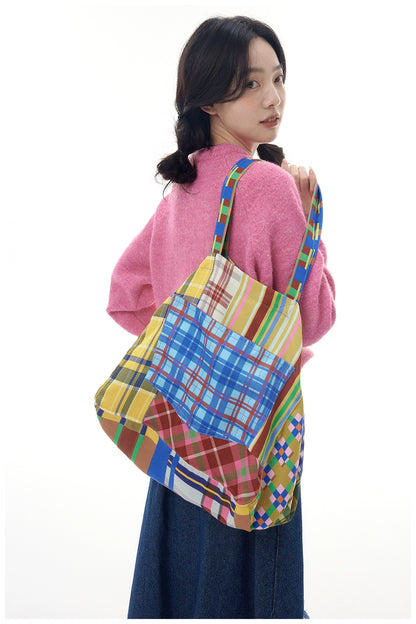 tntntutu Colorful Plaid Canvas Drawstring Shoulder Bag