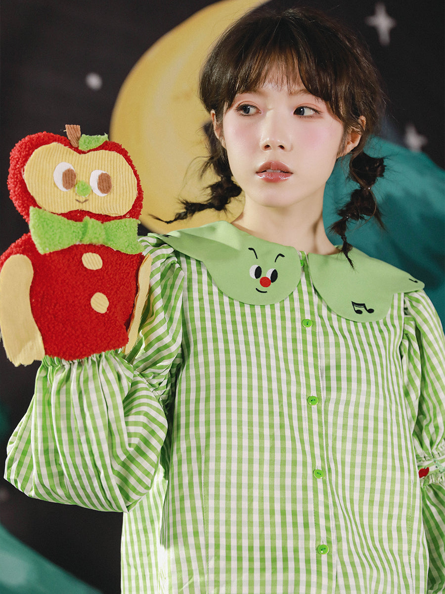 Meugler Apple Green Caterpillar Embroidered Puff Sleeve Court Blouse shirt Meugler