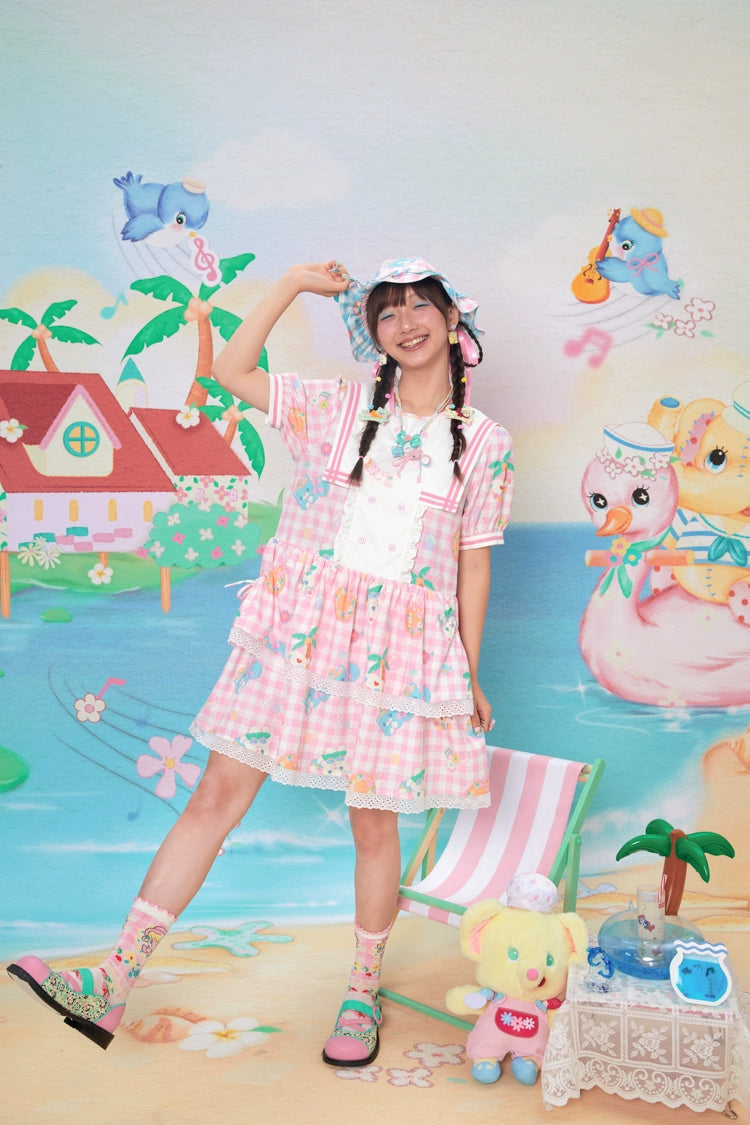 Lutra Jump Sailor Collar Plaid Cat Print Tiered Dress – Blue & Pink