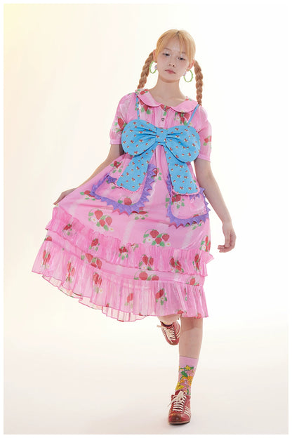 tntntutu Pink Strawberry Dress with Doll Collar Satin Ruffled Hem Dress