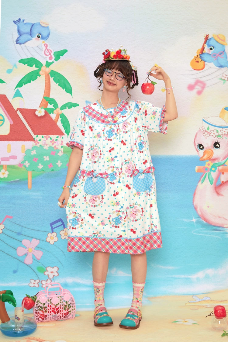 Lutra Jump Cherry Elephant Print Plaid Patchwork Sweet Dress