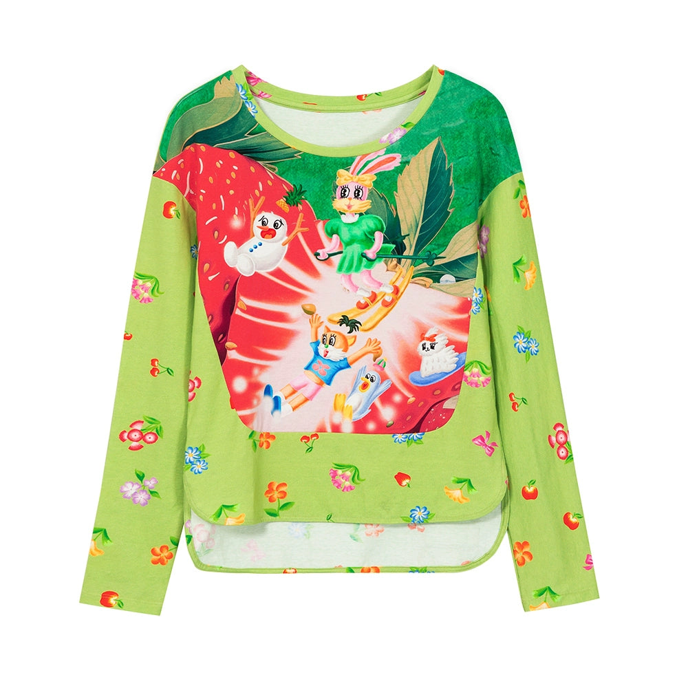 Tntntutu Green Strawberry Long Sleeve Skiing Animal Print Cotton Stretch Top