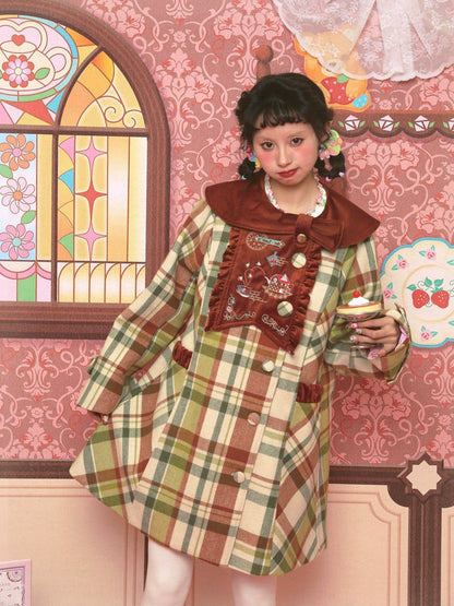 Lutra Jump Decora Kei Green Plaid Woolen Coat