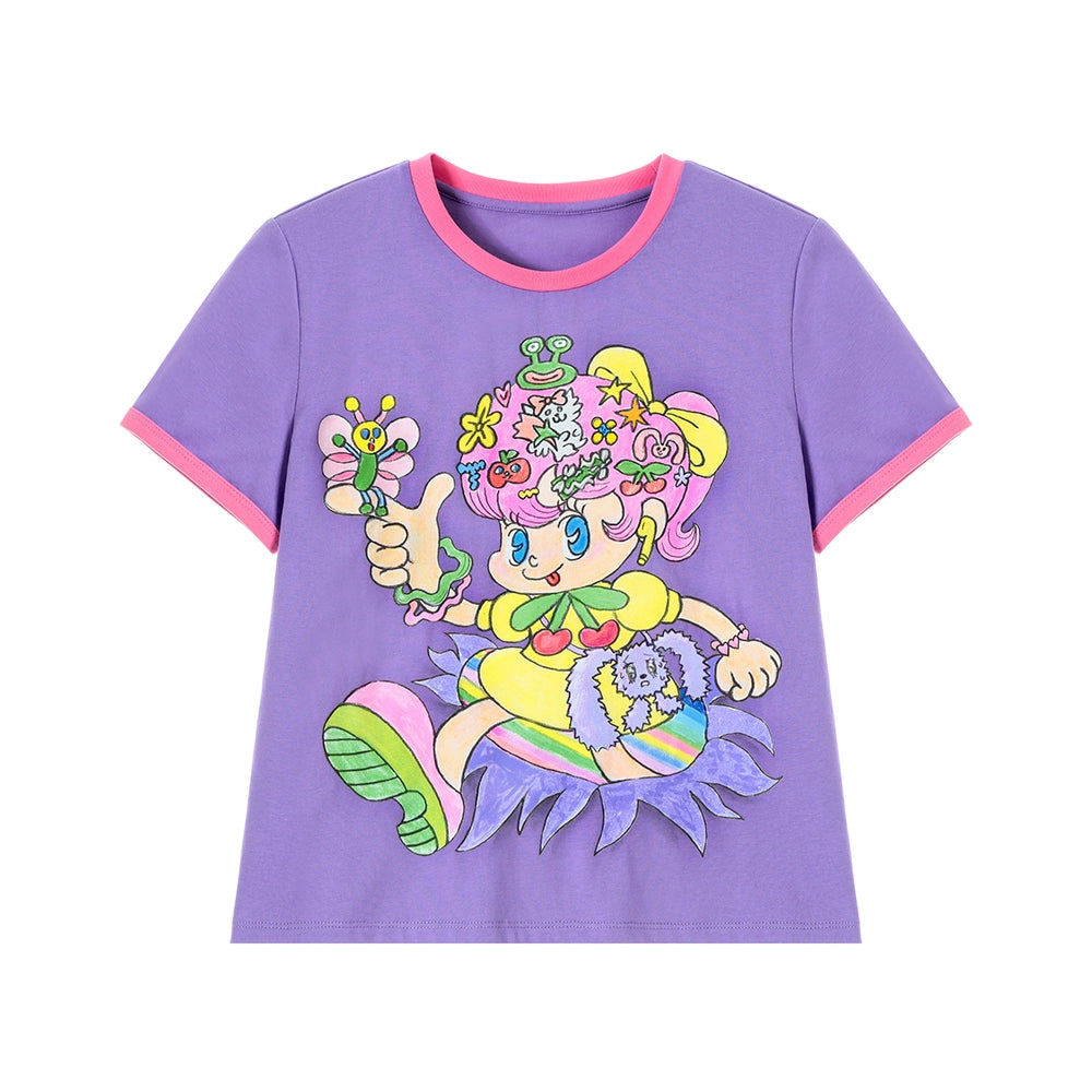 Tntntutu Comic Girl Short Sleeve Print Purple Cotton Summer T-Shirt