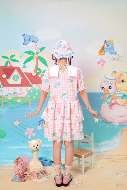 Lutra Jump Sailor Collar Plaid Cat Print Tiered Dress – Blue & Pink