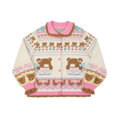 Lutra Jump Ivory Teacup Bear Fair Isle Knit Cardigan with Faux Mink Trim