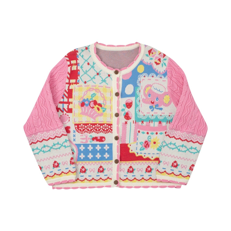 Lutra Jump Pink Elephant Patchwork Knitted Cardigan Cable Knit Playful Sweater