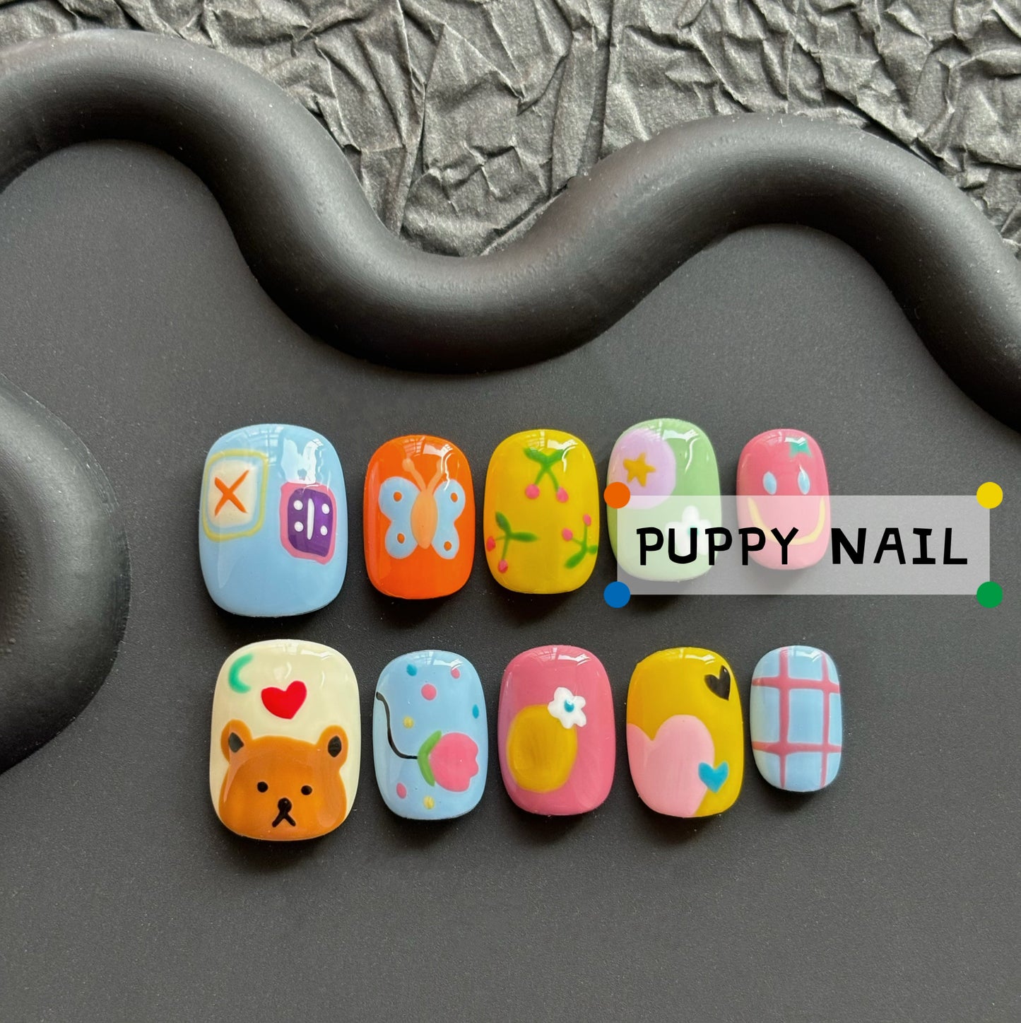 Puppy Fun Bear Dopamine Nail Art | Cute Cartoon Colorful Short Nails for Bright Look