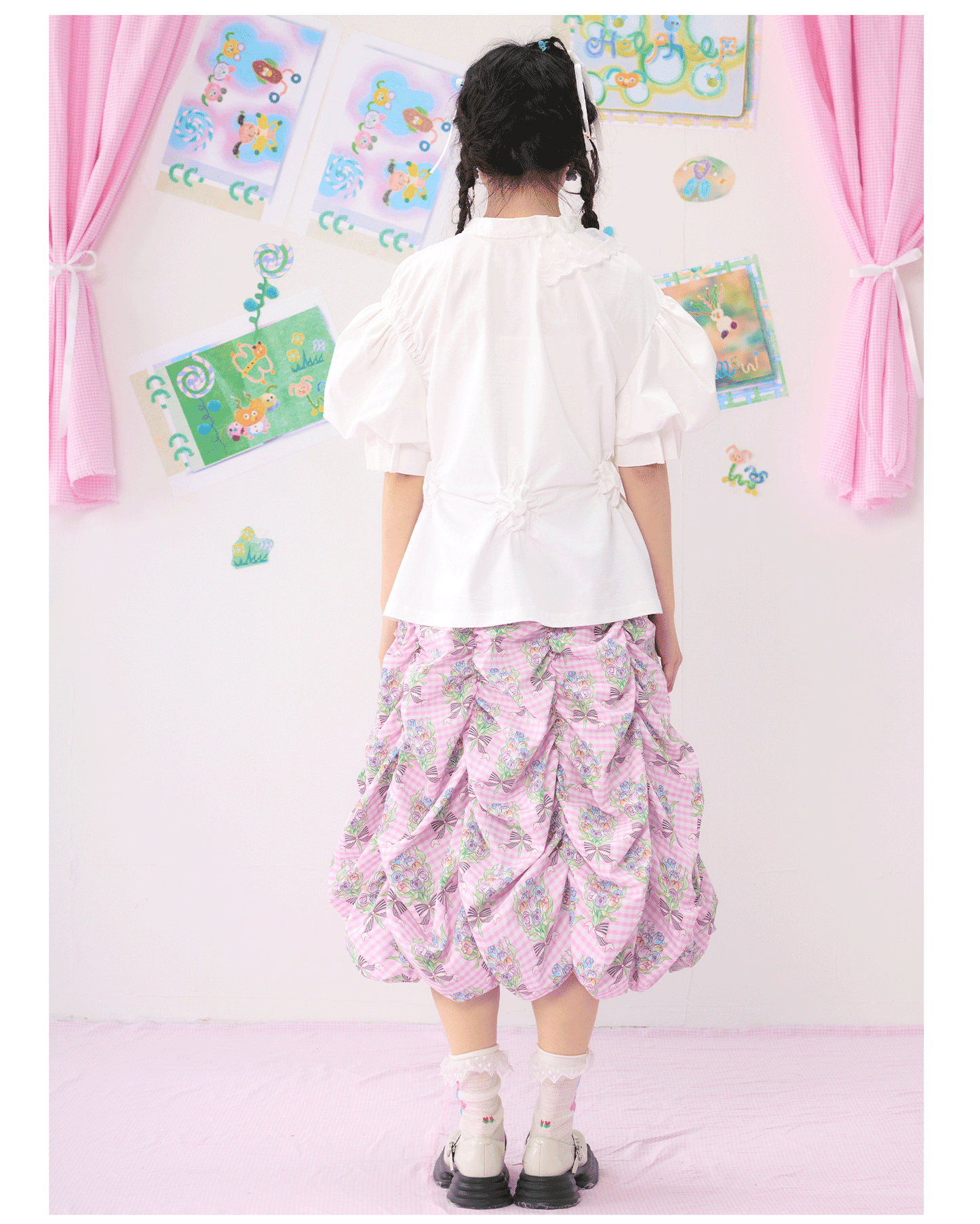 HELPHELP Pink Floral Ruffled Layered Puff Skirt with Metal Bow