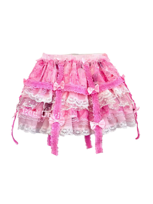 RedDevil – Sweet Subculture Decora Kei Lace Bow Layered Mini Skirt skirt Red Devil