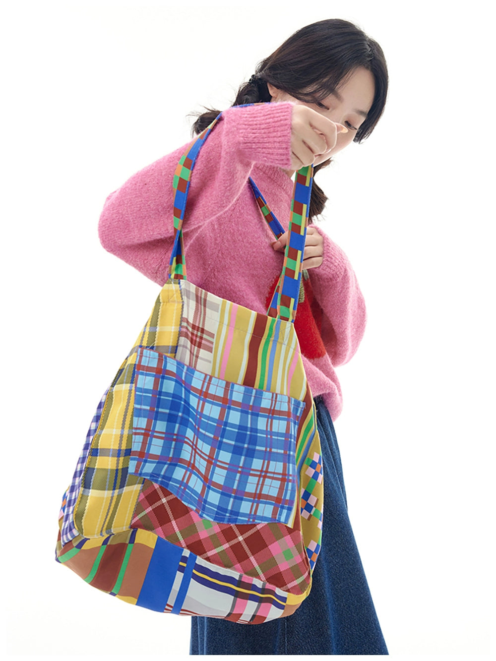 tntntutu Colorful Plaid Canvas Drawstring Shoulder Bag