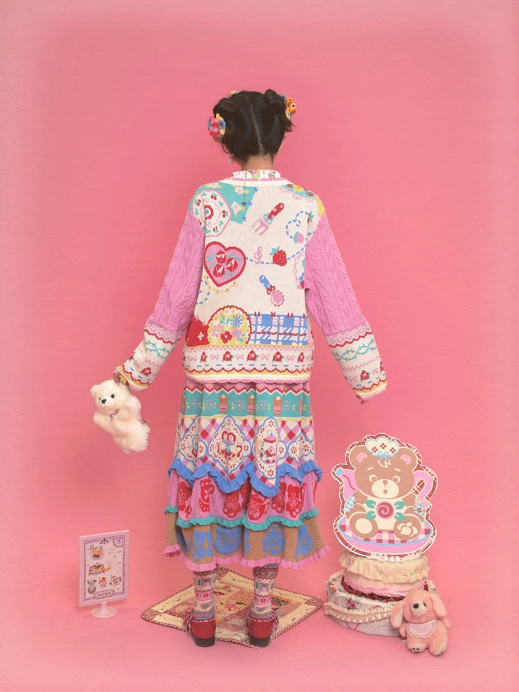 Lutra Jump Pink Elephant Patchwork Knitted Cardigan Cable Knit Playful Sweater