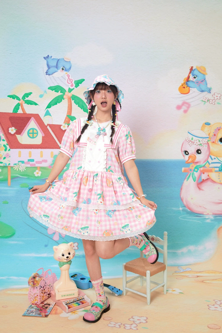 Lutra Jump Sailor Collar Plaid Cat Print Tiered Dress – Blue & Pink