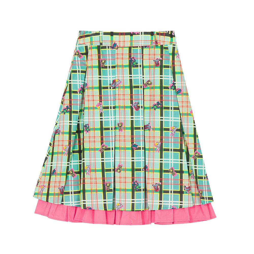 Tntntutu Green Checkered Pleated Skirt with Pink Trim and Cute Animal Print