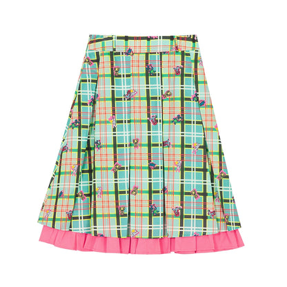 Tntntutu Green Checkered Pleated Skirt with Pink Trim and Cute Animal Print