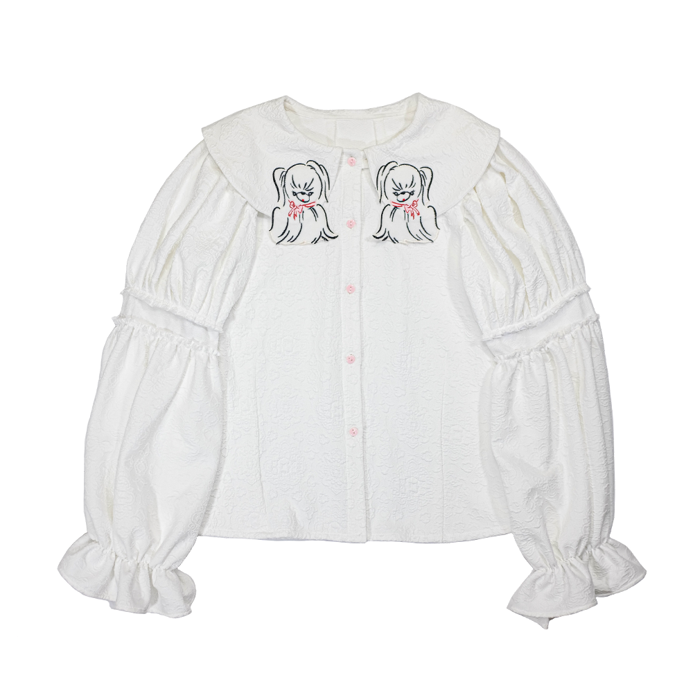 Meugler Long-Haired Dog Embroidery Yuanbao Collar Puff Sleeve Embroidered Court Shirt shirt Meugler