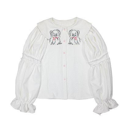 Meugler Long-Haired Dog Embroidery Yuanbao Collar Puff Sleeve Embroidered Court Shirt shirt Meugler