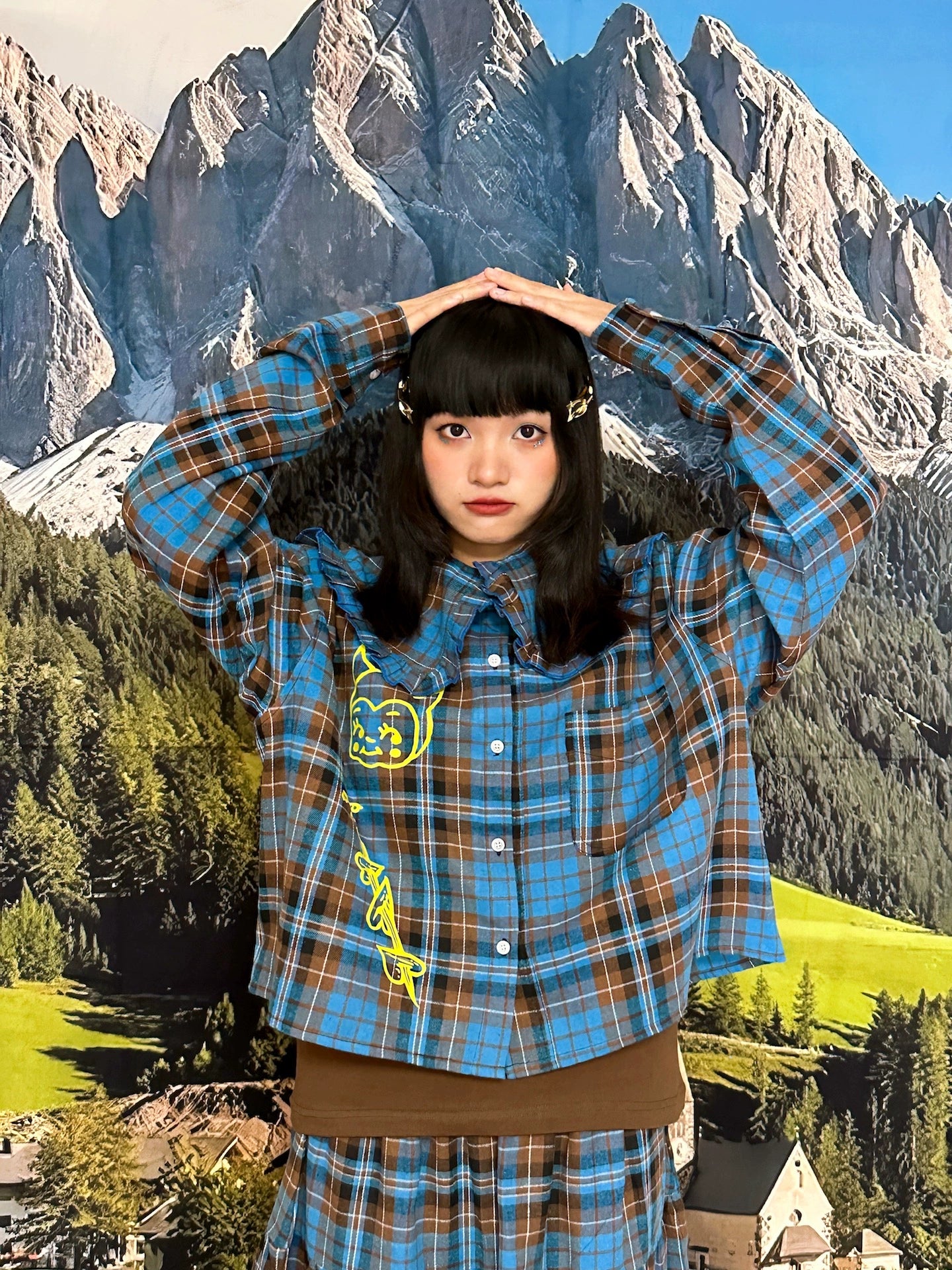 BunnyBunnyGun - Vintage Blue Plaid Ruffle Collar Loose Shirt blouse bunnybunnygun