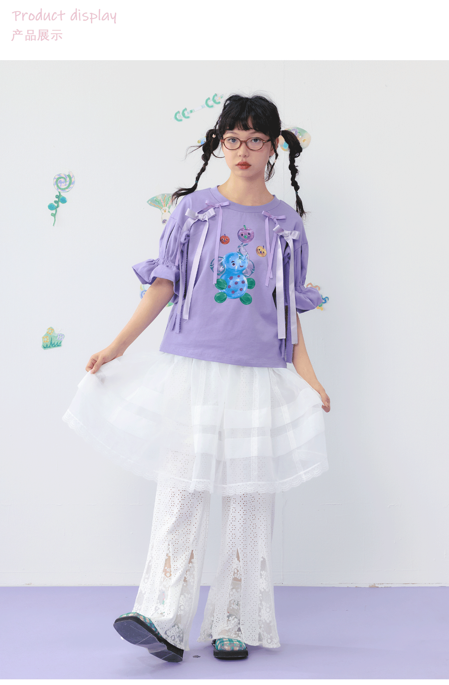 HELPHELP Purple Printed Bow Lace Trim Cotton Short-Sleeve Summer T-Shirt