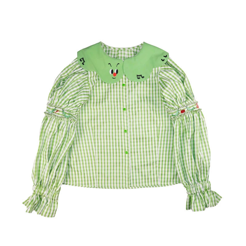 Meugler Apple Green Caterpillar Embroidered Puff Sleeve Court Blouse shirt Meugler