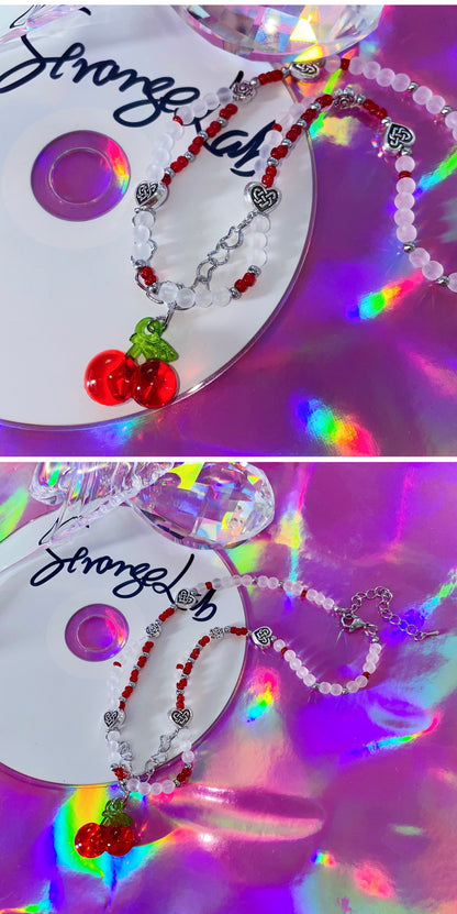 Strangelab Sweet Girl Magic Glass Bead Cherry Necklace | Y2K Handmade Woven Choker