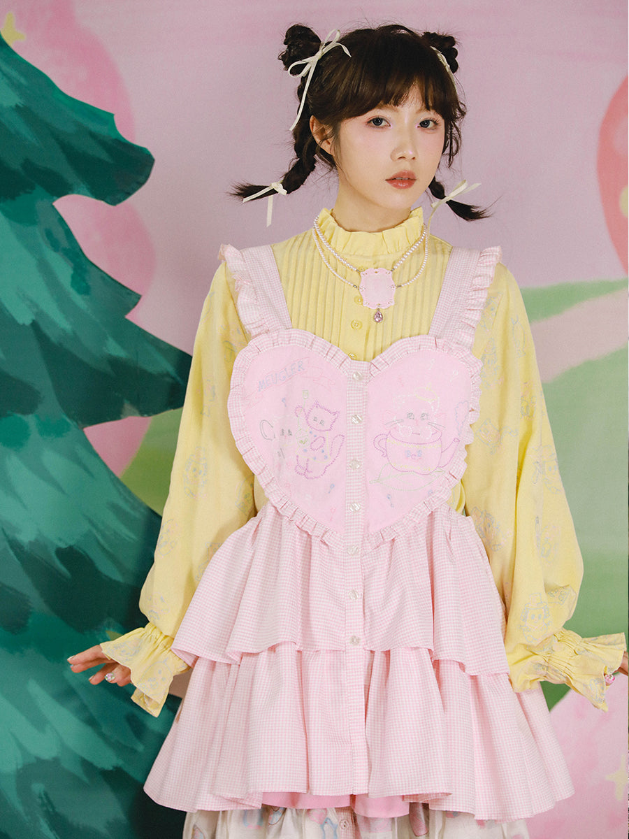 Meugler Lolita Layered Sweet Pink Heart Apron with Teapot Cat Embroidery – Harajuku Style dress Meugler