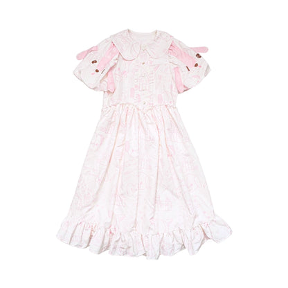 Meugler Cross-Stitch Print Doggy Puff Sleeve Princess Dress in Powder Pink & White