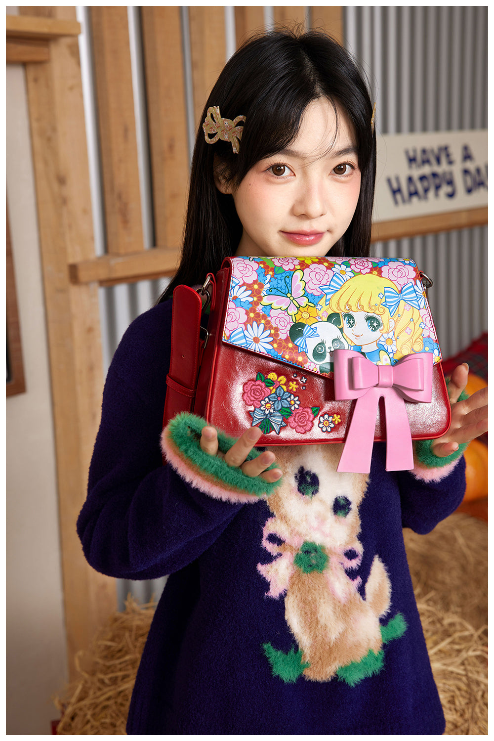 Tntntutu Retro Red Square Bag with Shojo Print and Embroidered Flowers, Pink Bow Detail