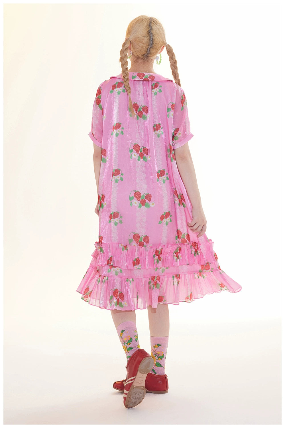 tntntutu Pink Strawberry Dress with Doll Collar Satin Ruffled Hem Dress