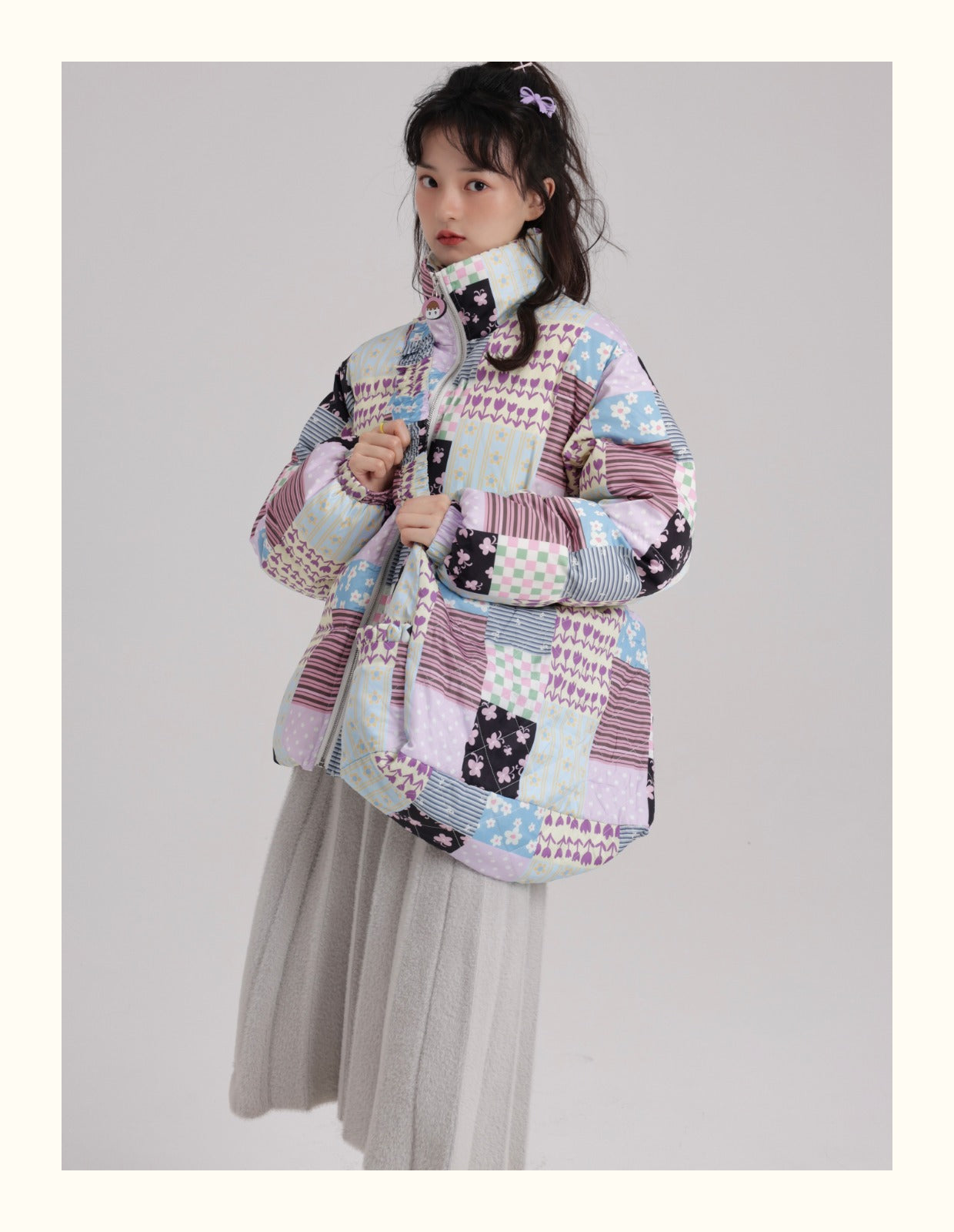 Harajuku-style patchwork print down jacket with zipper closure