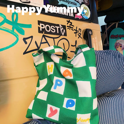 HappyYummy Happy Block Colorful Checkerboard Canvas Shoulder Bag - Harajuku Style