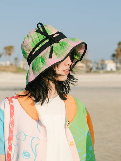 Harajuku-style pink green checkered fisherman hat with bow tie