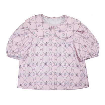 Meugler Decora Kei Shirt Pink Pearl Shirt Puff Sleeves Shirt