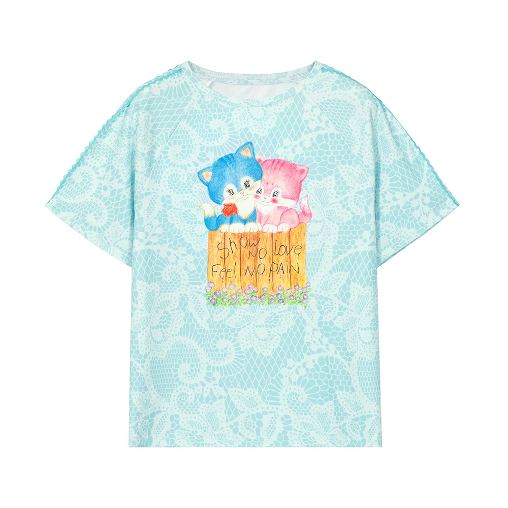 Tntntutu Blue Cat Off-Shoulder T-shirt with Lace Ruffles Oversized Loose Fit