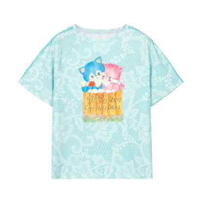 Tntntutu Blue Cat Off-Shoulder T-shirt with Lace Ruffles Oversized Loose Fit