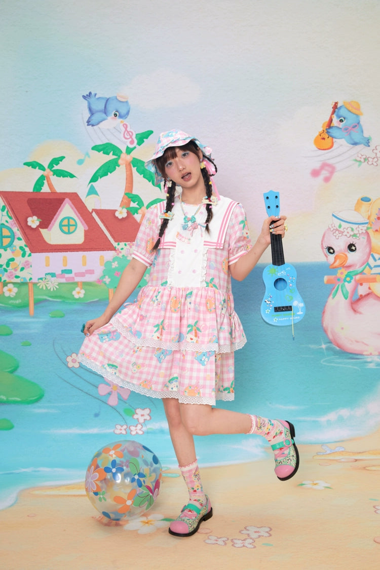 Lutra Jump Sailor Collar Plaid Cat Print Tiered Dress – Blue & Pink