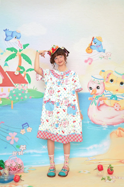 Lutra Jump Cherry Elephant Print Plaid Patchwork Sweet Dress