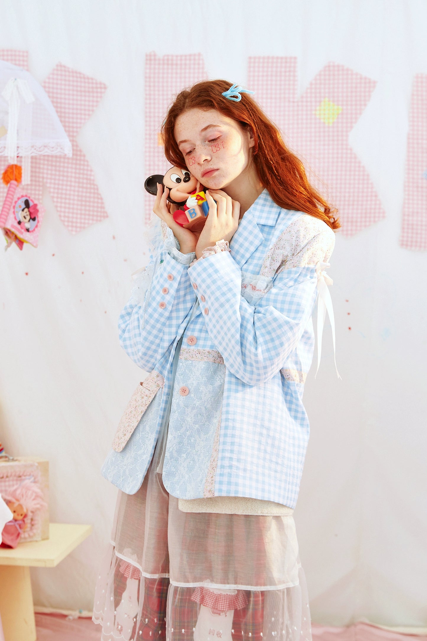 HELPHELP Harajuku Style Floral Patchwork Lace Plaid Blush Blue Cute Blazer Jacket