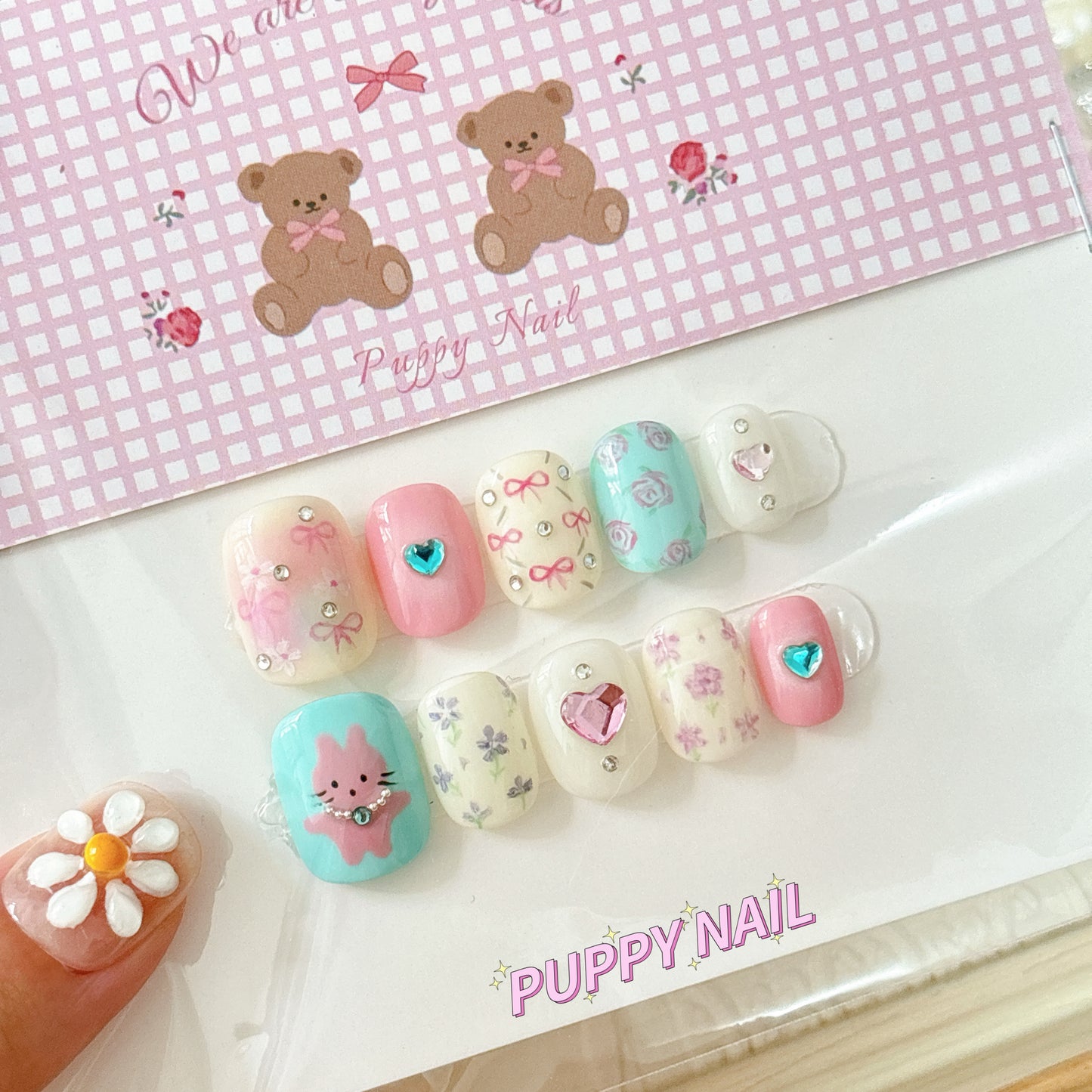 Puppy Floral Hand-Painted Bow Nails | Cute Bunny & Bow Summer Floral Nail Art