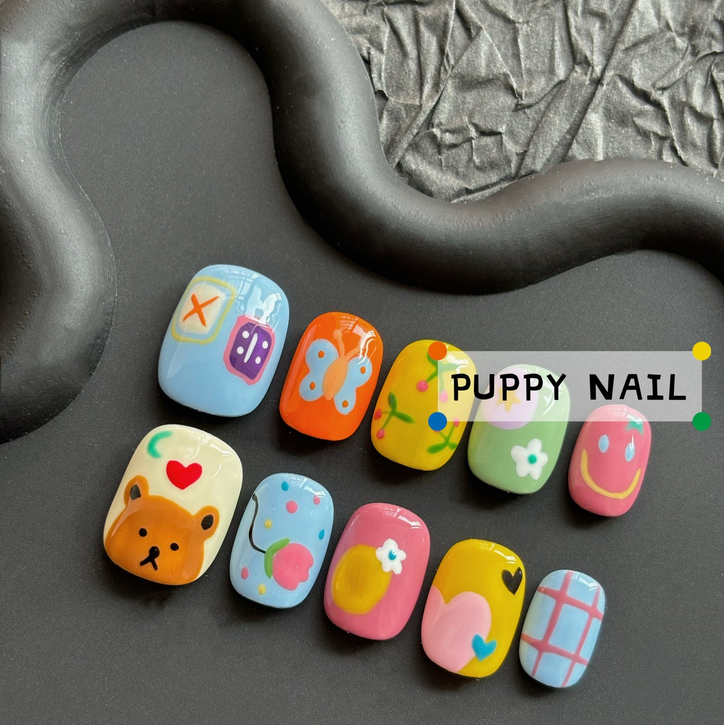 Puppy Fun Bear Dopamine Nail Art | Cute Cartoon Colorful Short Nails for Bright Look