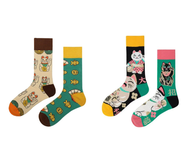 Decora Kei Mismatched Fortune Cat Socks