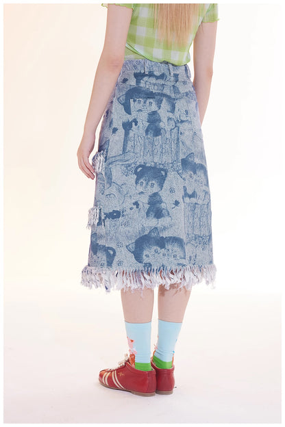 Tntntutu Light Blue Animal Print Fringe Mid-Length A-Line Skirt