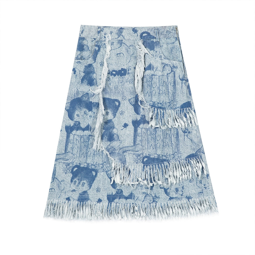 Tntntutu Light Blue Animal Print Fringe Mid-Length A-Line Skirt