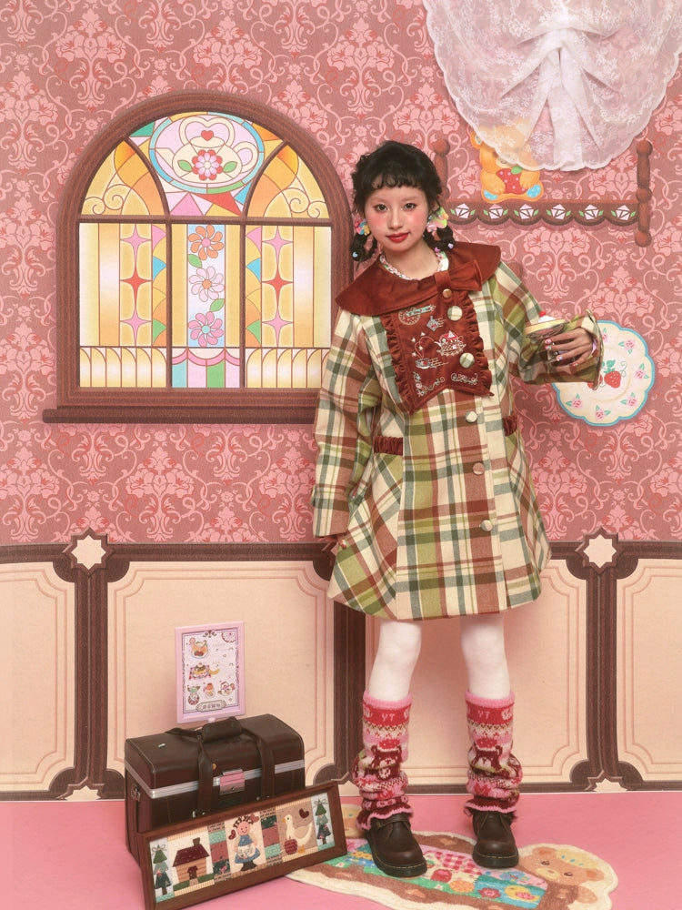 Lutra Jump Decora Kei Green Plaid Woolen Coat