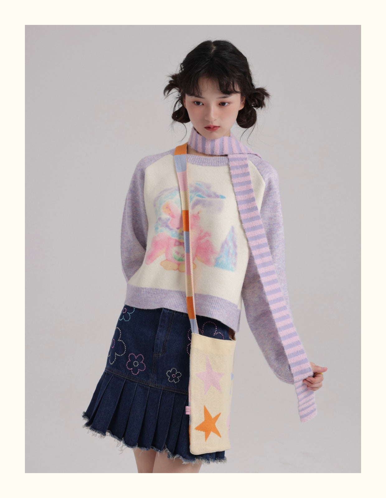 KaiXin Hostel Cute Illustration Print Color-Block Raglan Sleeve Sweater with Scarf – Original Design