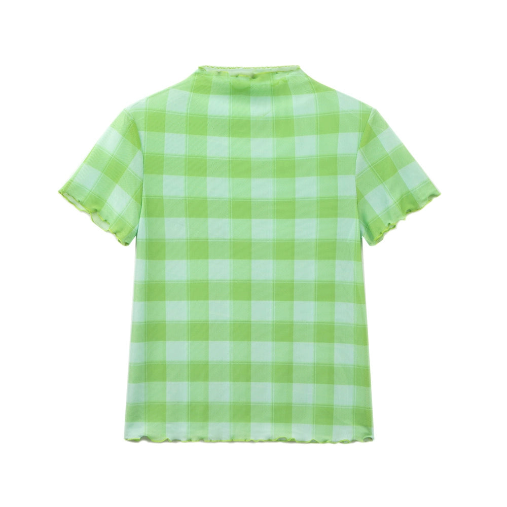 Tntntutu Plaid Mesh Ruffle Trim Short-Sleeve Layering Top